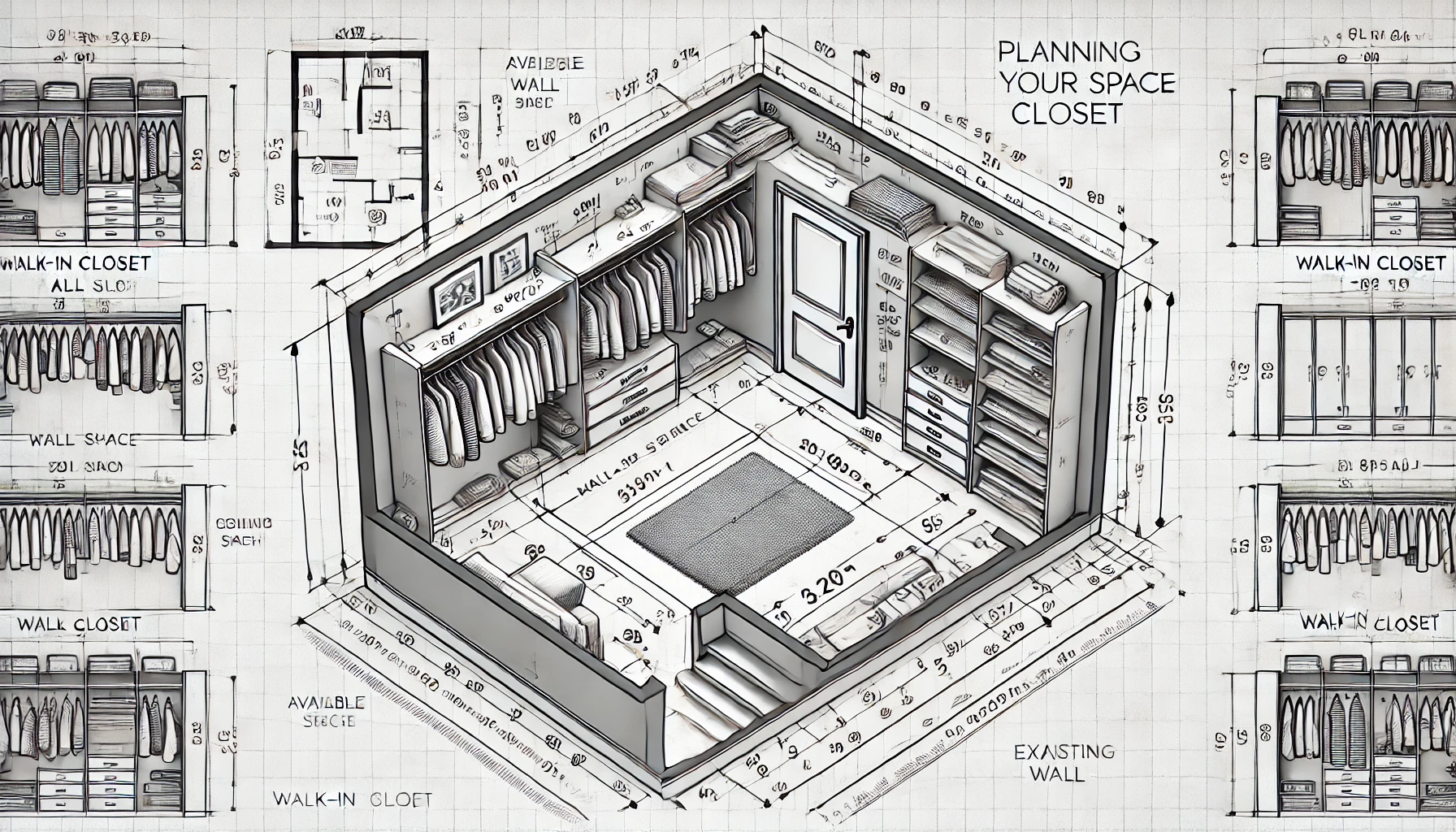 Zeichnungen zur Planung eines begehbaren Kleiderschranks mit Maßen und Regalen für Kleidung