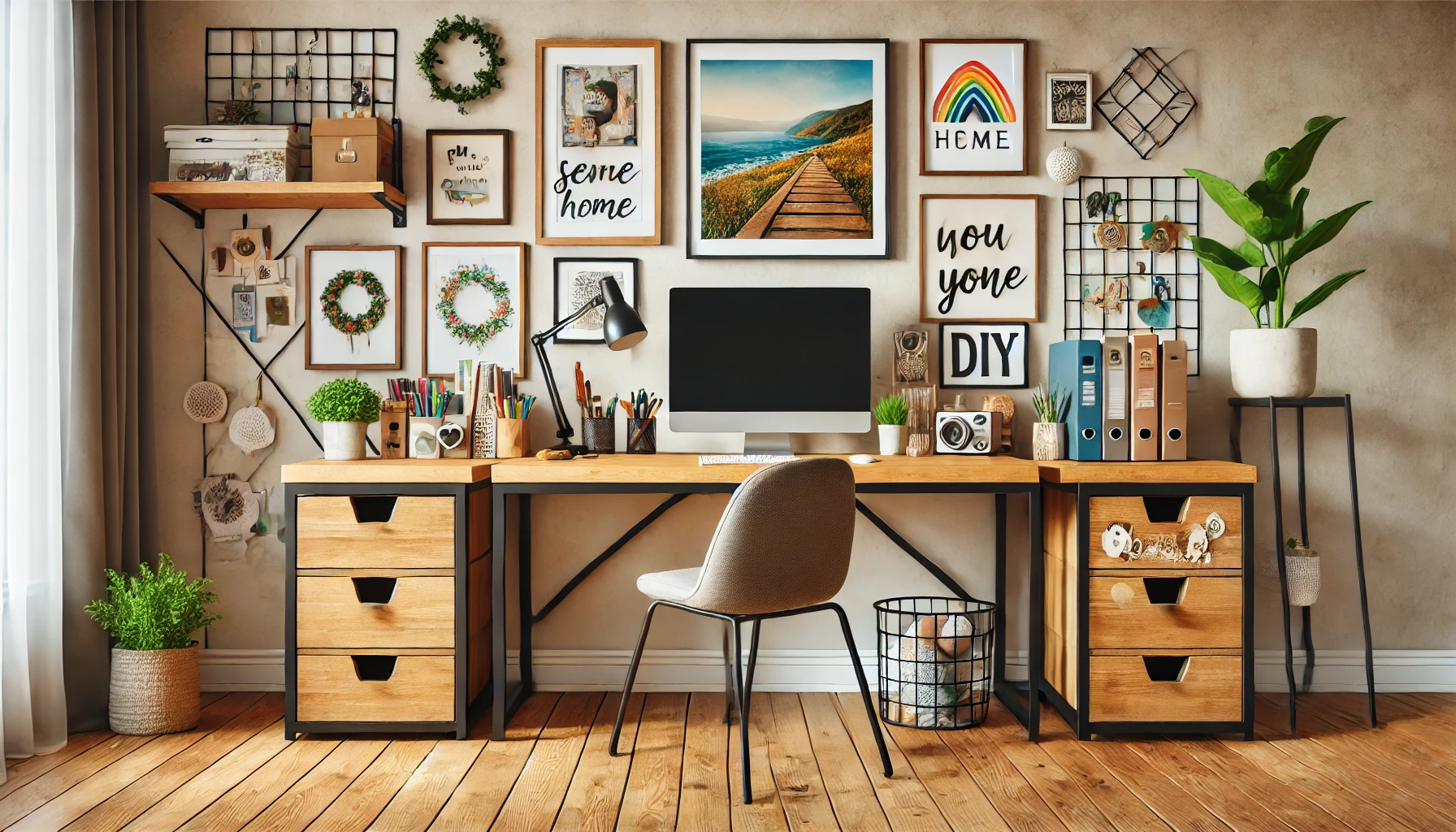 Homeoffice mit personalisierten Elementen wie Familienfotos, Kunstwerken, Lieblingsbüchern und DIY-Dekorationen, modernem Schreibtisch aus Holz und Eisen