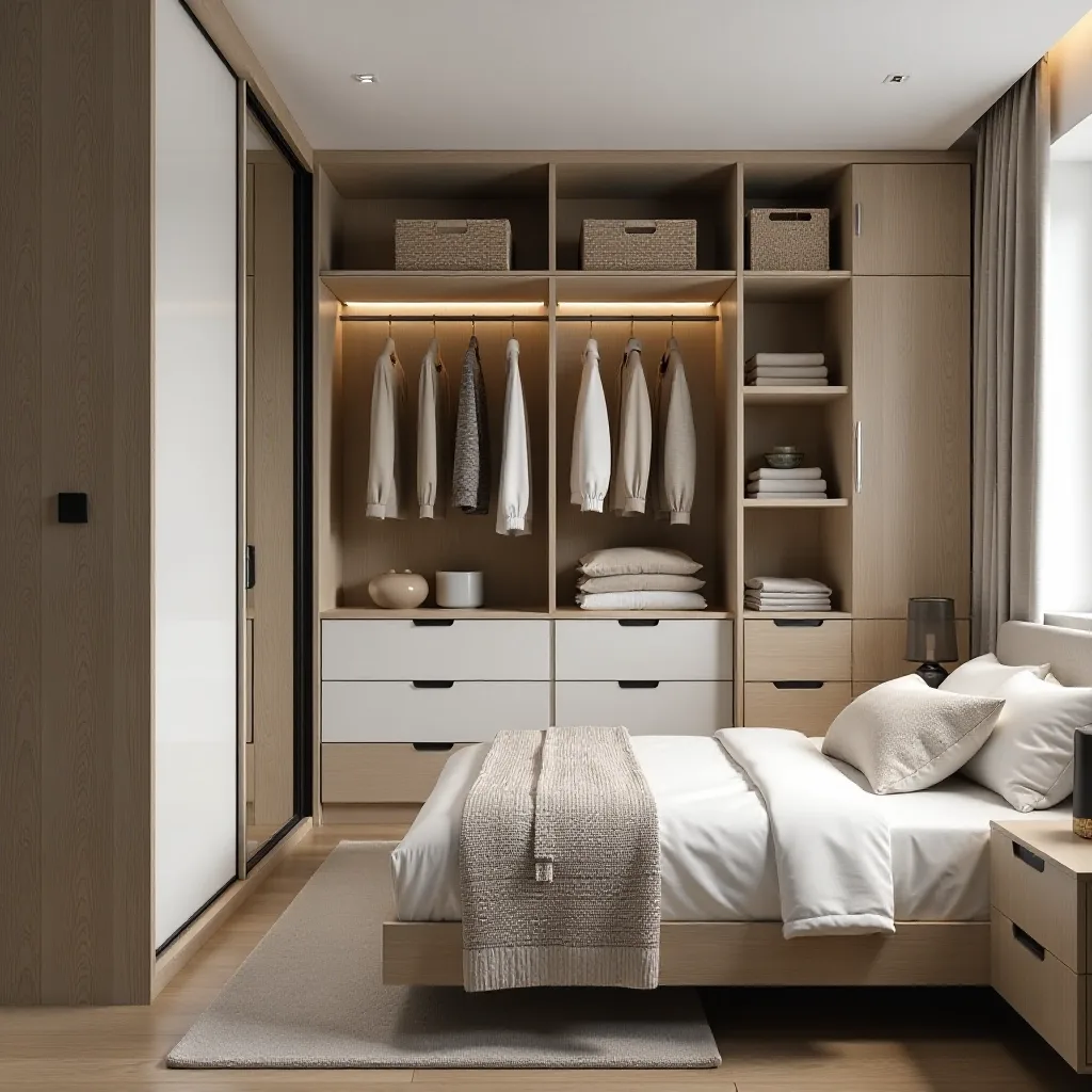 Schlafzimmer mit eingebautem Kleiderschrank, weißen und hölzernen Akzenten, minimalistisches Design