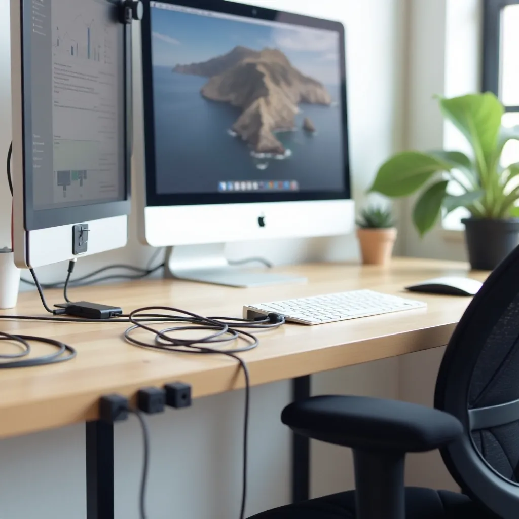 Arbeitsplatz mit zwei Monitoren auf einem Schreibtisch, Tastatur und Pflanzen im Büro