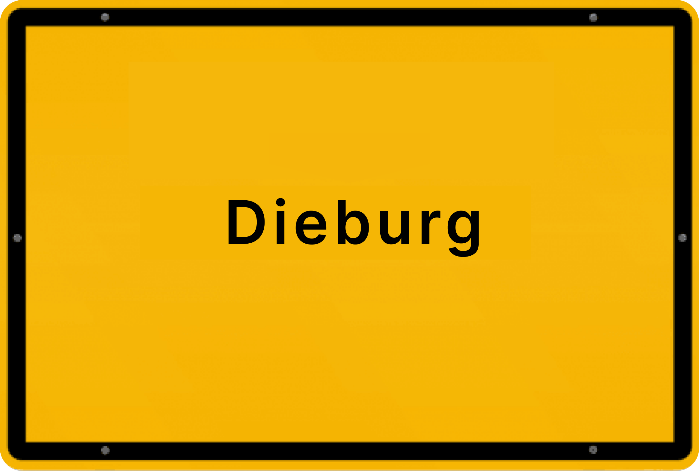 Gelbes Ortsschild mit der Aufschrift 'Dieburg', typisches Design für deutsche Ortseingangsschilder.