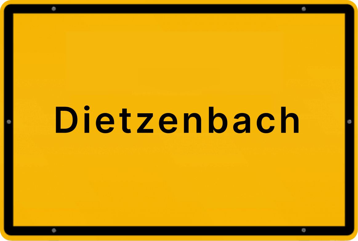 Gelbes Ortsschild mit der Aufschrift 'Dietzenbach', typisches Design für deutsche Ortseingangsschilder.