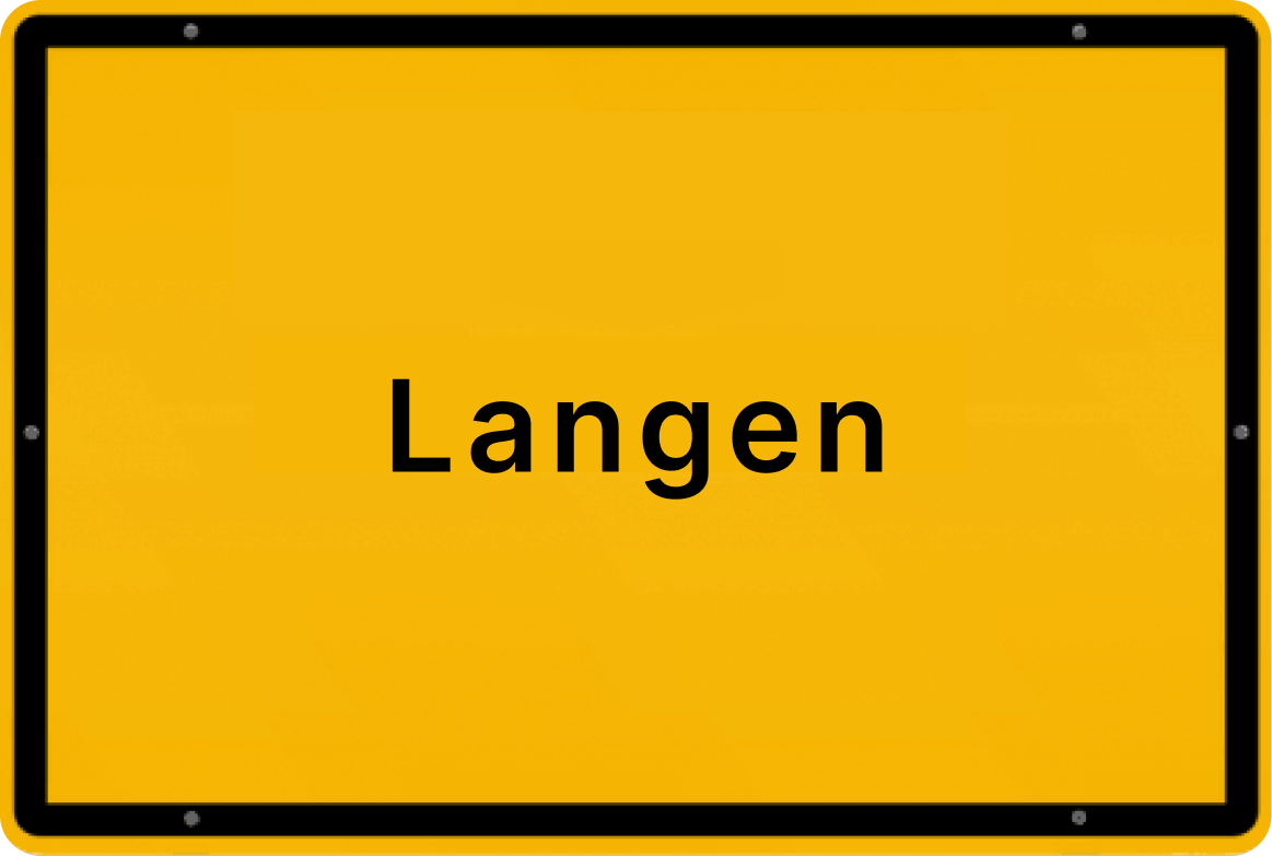 Gelbes Ortsschild mit der Aufschrift 'Langen', typisches Design für deutsche Ortseingangsschilder.