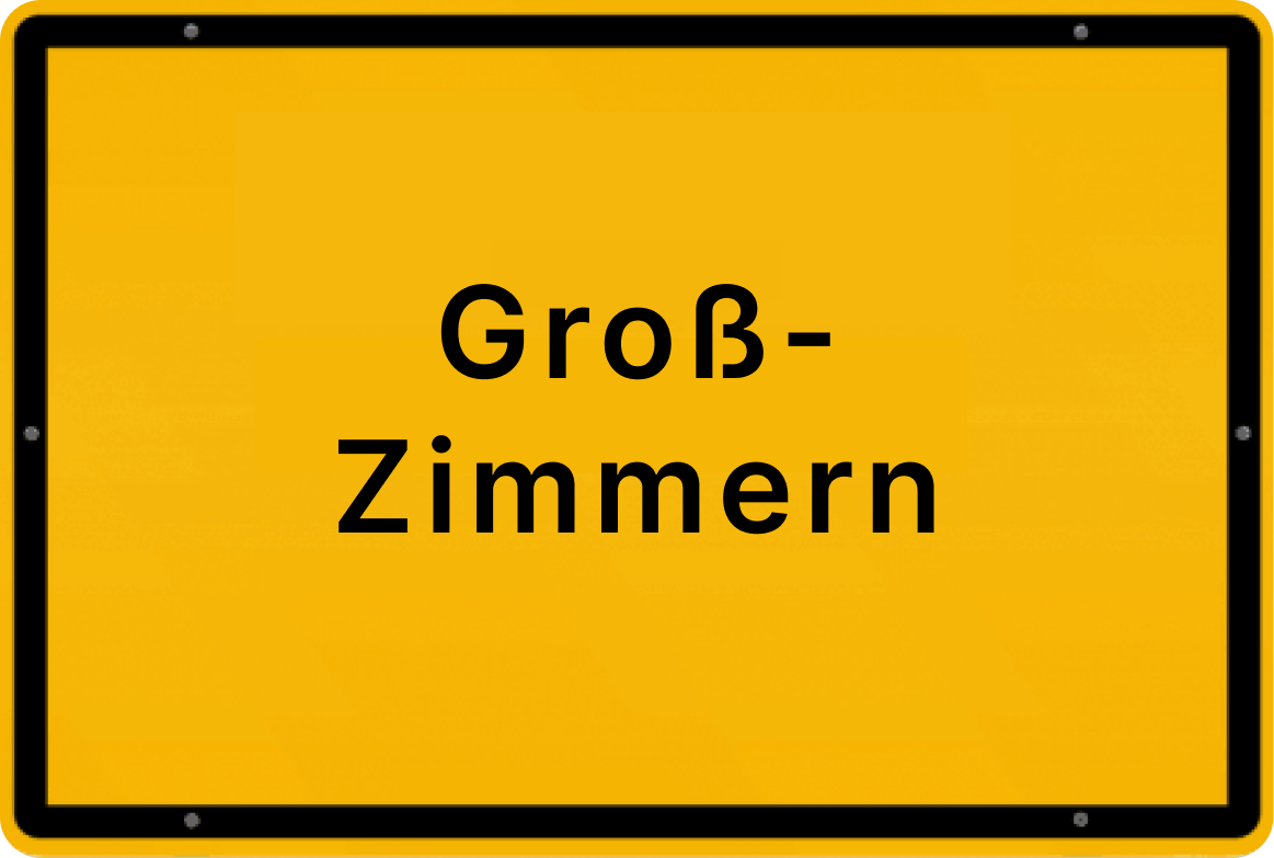 Gelbes Ortsschild mit der Aufschrift 'Groß-Zimmern', typisches Design für deutsche Ortseingangsschilder.