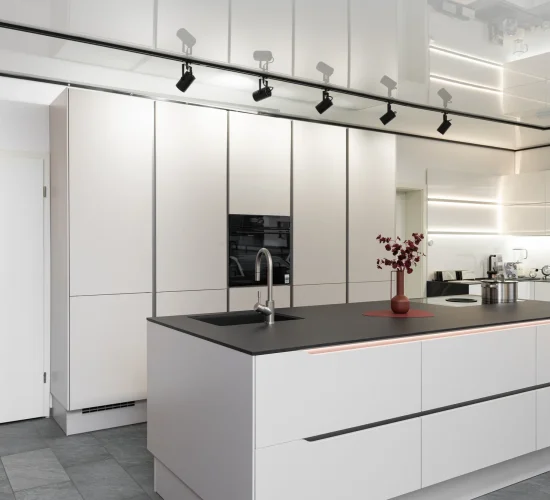 Elegante Kochinsel mit Induktionskochfeld und zentralem Dunstabzug.